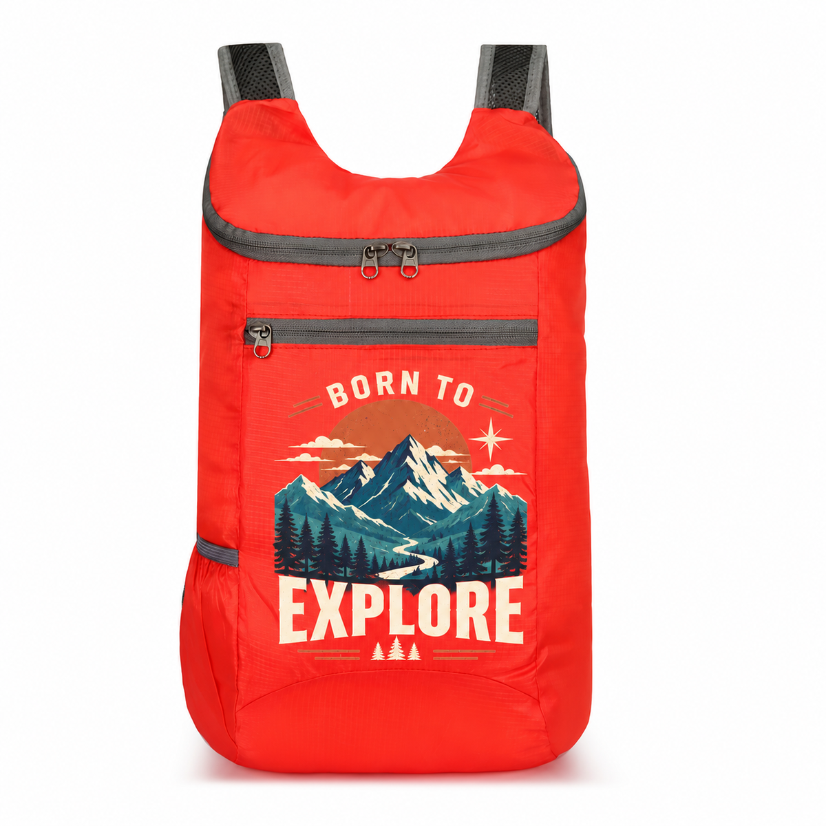 Red custom backpack with BORN TO EXPLORE mountain design