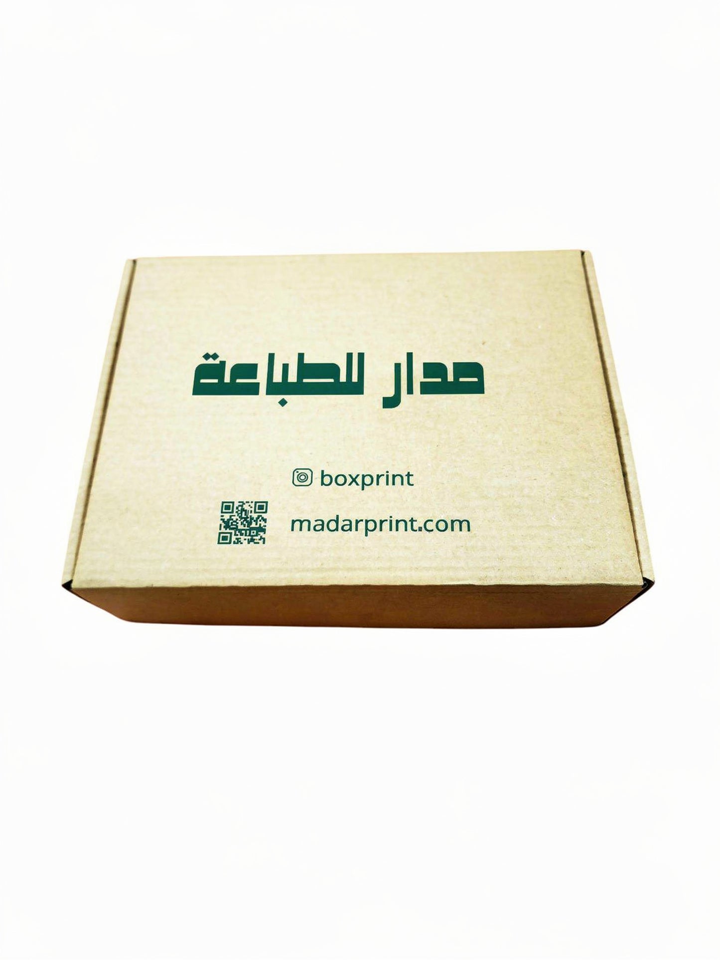 Brown kraft paper box with logo and QR code for Madar Print, ideal for packaging.