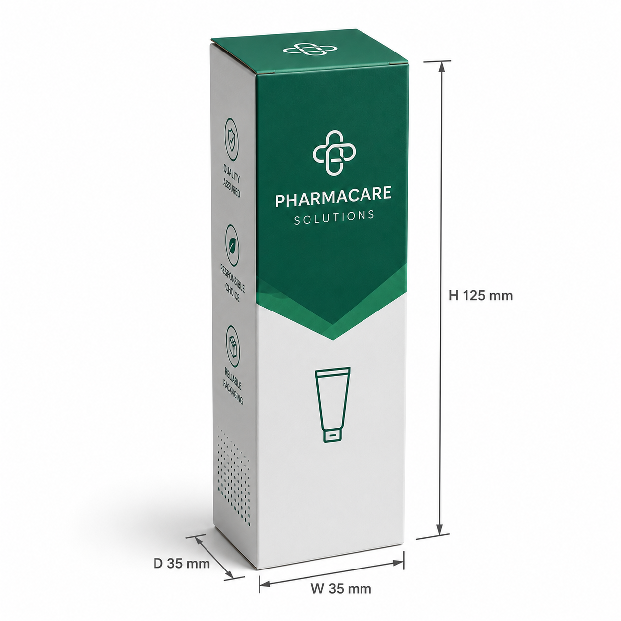 Custom medicine tube box 35 x 35 x 125 mm size annotation