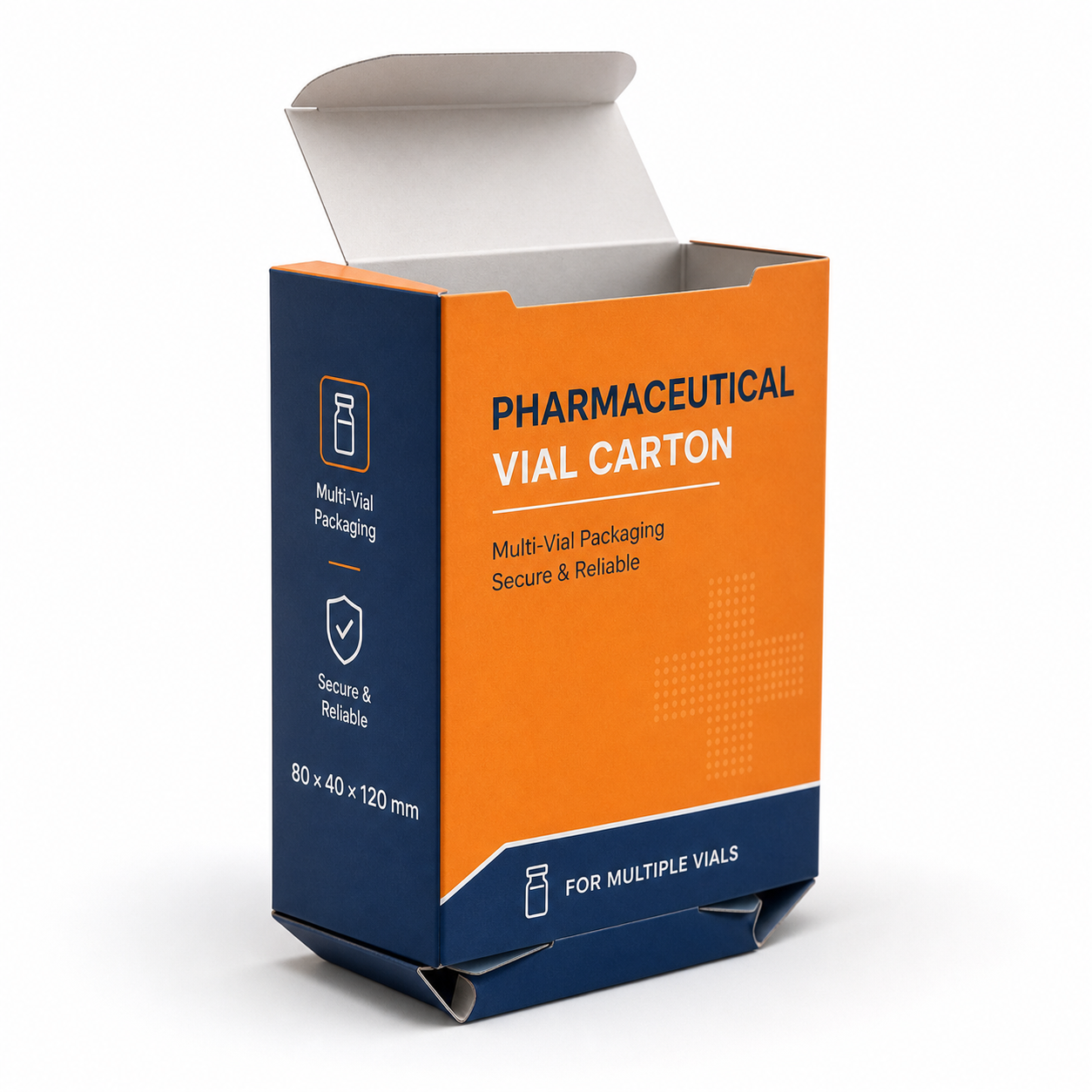 Custom vial medicine box 80 x 40 x 120 mm open view
