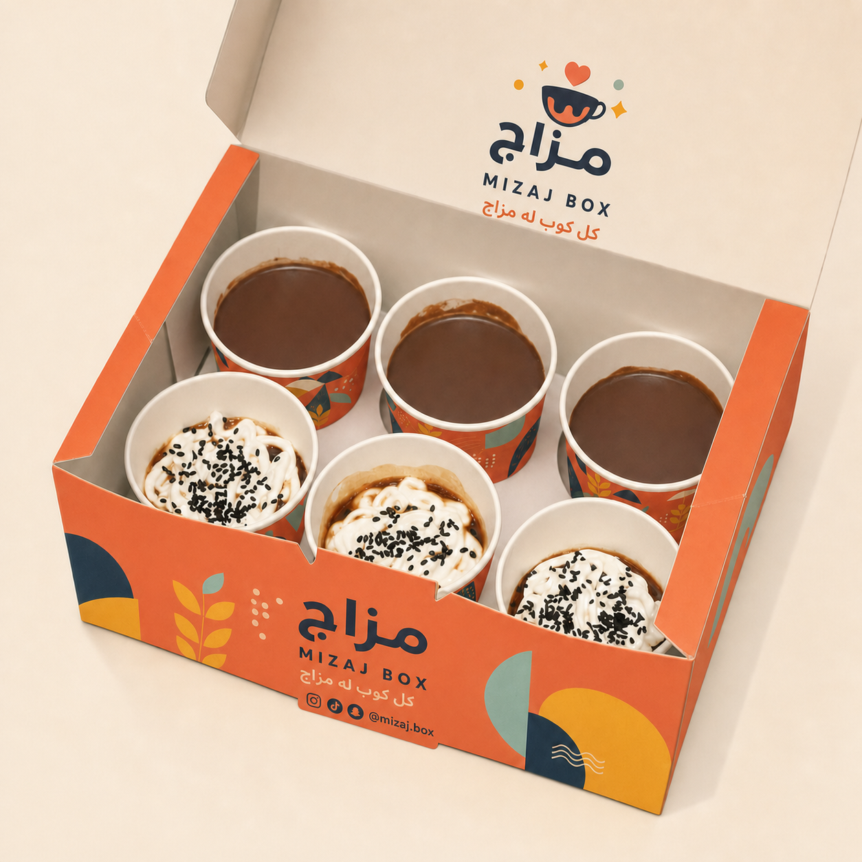 Custom printed six-cup dessert box with six filled paper cups in MIZAJ BOX mockup design