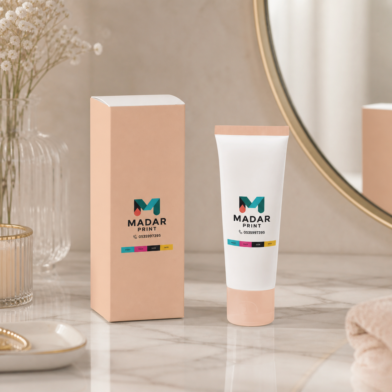 Premium Custom Printed Cosmetic Packaging Box for Beauty Products — closed cosmetic box and tube vanity scene