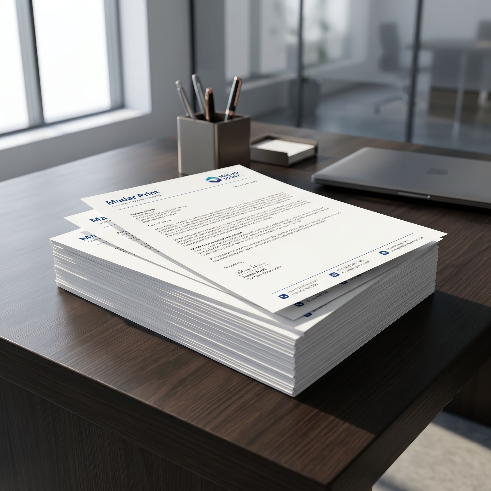 Stack of احترافيly printed double-sided letterheads on أنيق office desk مع إضاءة طبيعية تُبرز crisp ورق أبيض و smooth texture, يعرض corporate aesthetic.