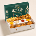 Custom printed fried chicken meal box with fries, nuggets and four sauce cups in Saudi Gulf QARMASHA mockup