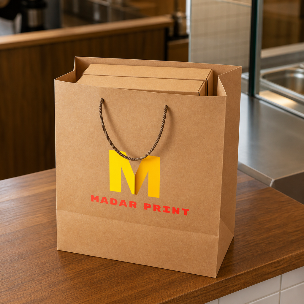 Restaurant kraft bag filled with takeaway food boxes