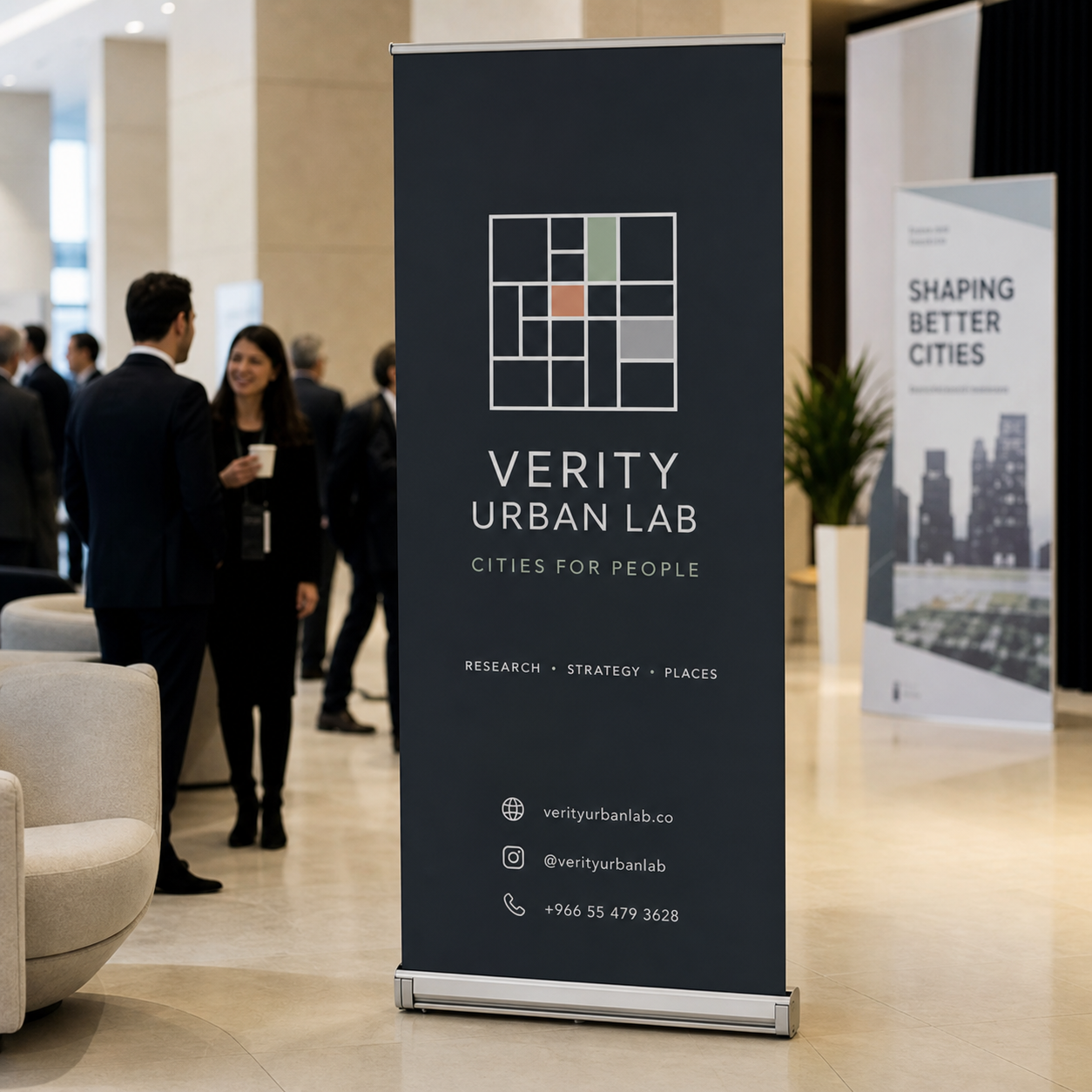 Verity Urban Lab custom roll up stand at design conference