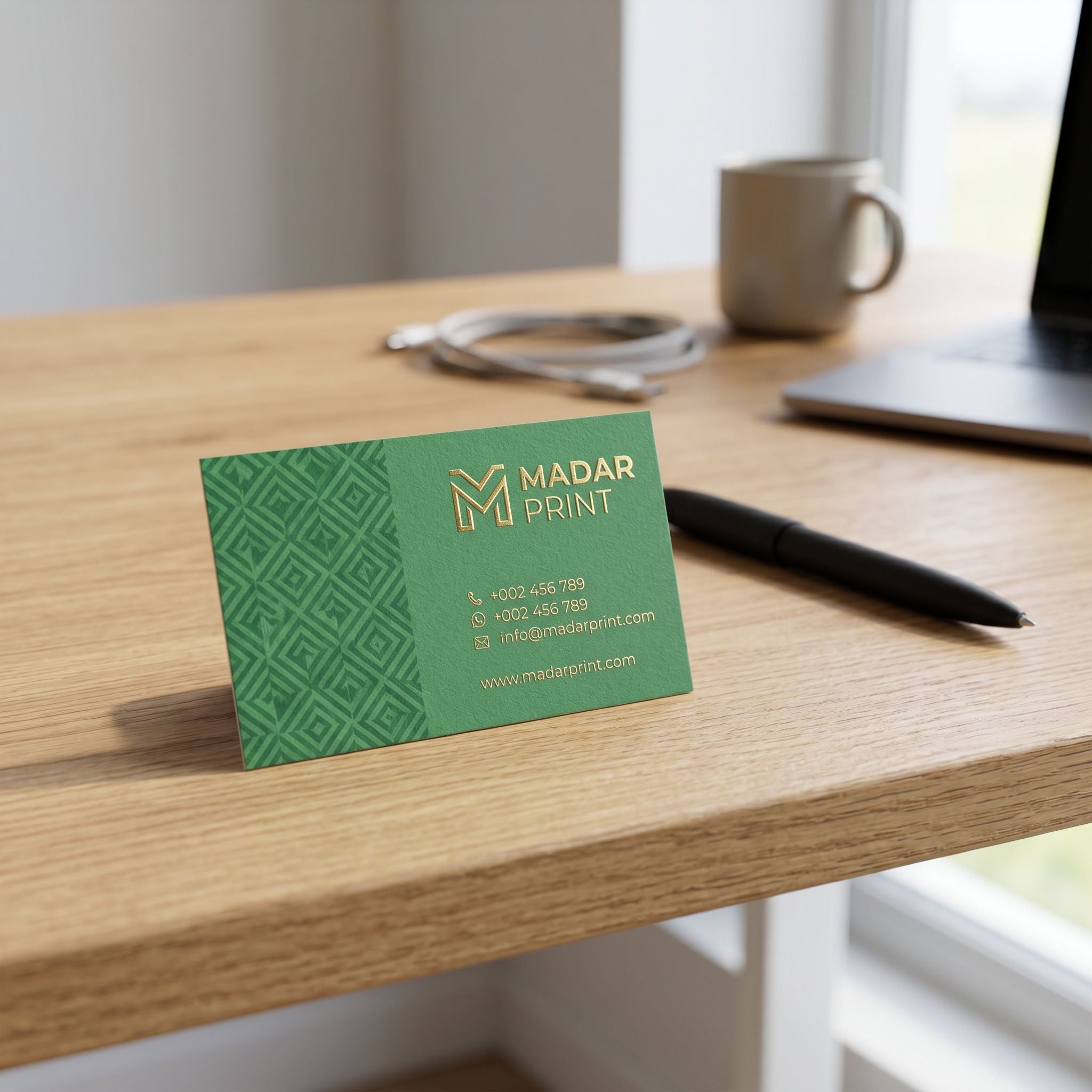 لقطة مقرّبة لـ a small مخصص business card from مدار برنت's باقة مكتبية on a أنيق مكتب خشبي, تُبرز textured تشطيب مطفي و precise edges.