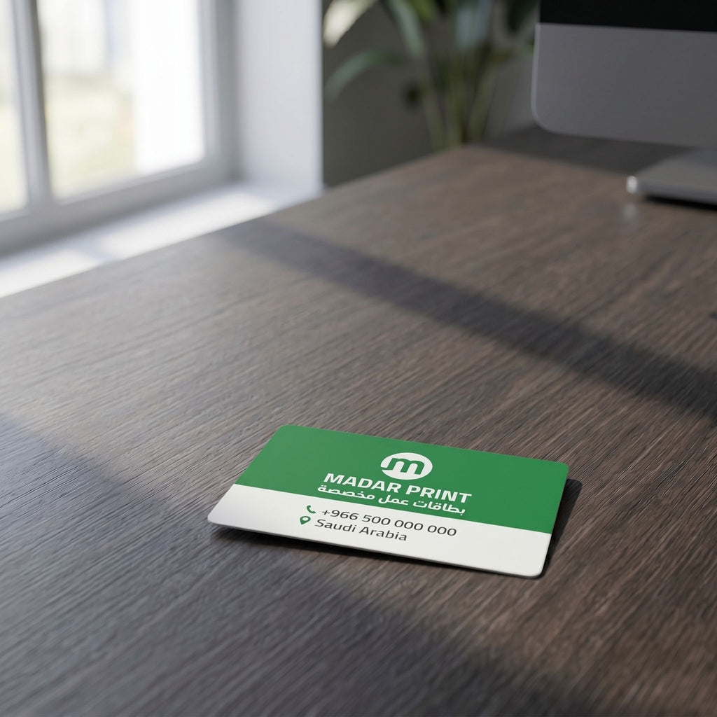 Small ألوان كاملة ID card مع vibrant design موضوع على textured dark مكتب خشبي in an office setting.