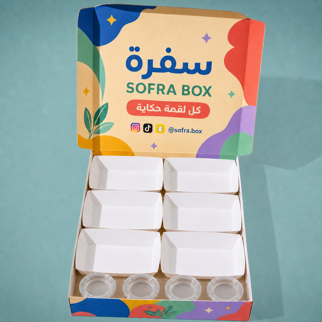 بوكس سفرة ملون مع ستة صحون بيضاء منفصلة وأربع عبوات صوص شفافة فارغة دون قاعدة كرتونية