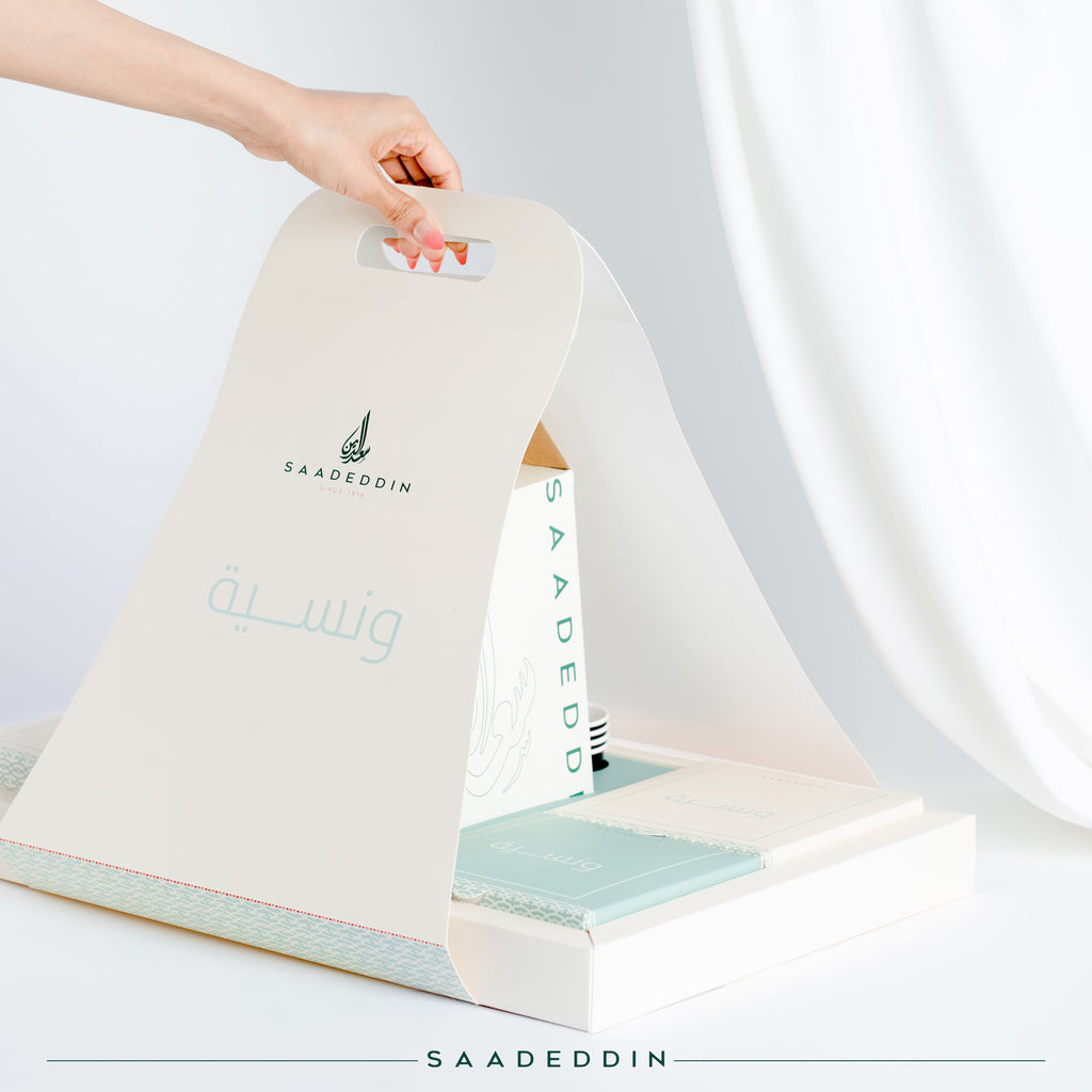 Portable custom printed gathering box showing fold-over outer cover and integrated carry handle